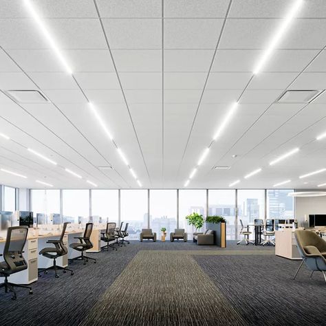 PUEBLO Office Rendering Office Grid Ceiling Design, Commercial Office Ceiling Design, Modern Office Ceiling Design, Office Lighting Ceiling Work Spaces, Open Office Ceiling, Tile Lights, Office Rendering, Office Ceiling Design, Ceiling Office