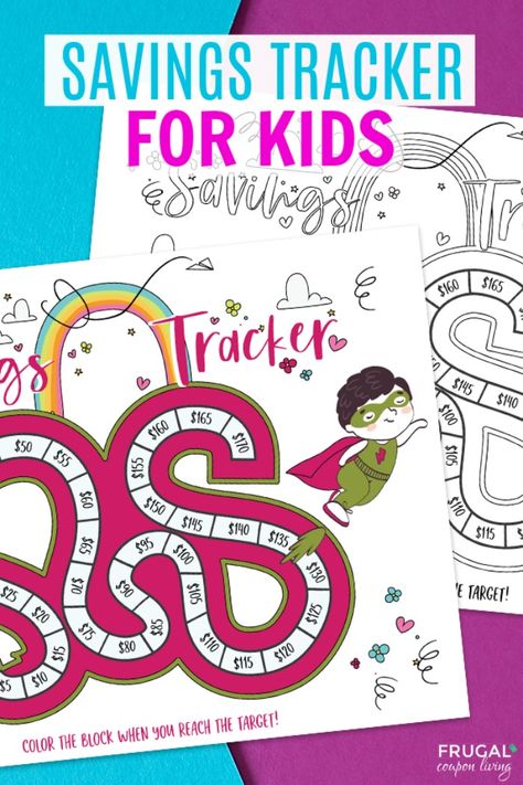 A two page Savings Tracker Printable for Kids. Download this coloring sheet and color as you go. Save $5 a week for a total of $175 by the time you finish the savings challenge. #FrugalCouponLiving #savingschallenge #savingsplan #fincances #parenting #savingstracker #kidscoloringsheet #coloringsheet Kids Savings Challenge Free Printable, Kids Savings Challenge, Kids Savings Plan, Free Savings Challenge, Savings For Kids, Babysitter Notes, Savings Tracker Printable, Dollar Diy, Organizational Printables