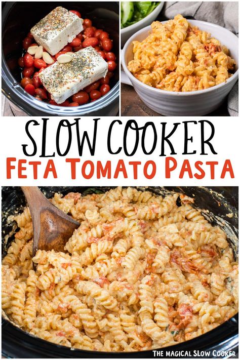 Have you seen the viral Tik Tok Feta and Tomato Pasta? Try my slow cooker version which has cream cheese and loads of other flavors. - The Magical Slow Cooker Crock Pot Feta Pasta, Tik Tok Crock Pot Recipes, Crockpot Pasta Recipes No Meat, Feta Crockpot, Tik Tok Meal Ideas, Tik Tok Crockpot Recipes, Slow Cooker Side Dishes, Feta And Tomato Pasta, Feta Tomato Pasta