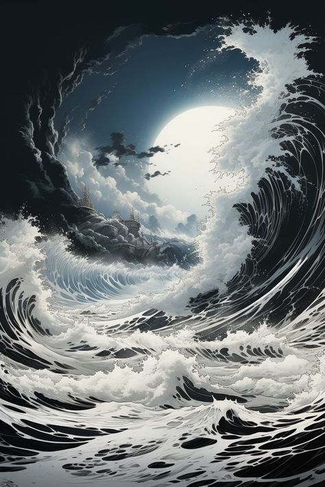 Huge moon lit raging ocean waves crashing on itself. Ocean Scenery Drawing, Water Tattoo Designs Ocean Waves, Ocean Waves Drawing Pencil, Crashing Waves Tattoo, Waves Reference, Ocean Waves Drawing, Fantasy Ocean Art, Crashing Waves Drawing, Sea Fantasy Art Ocean