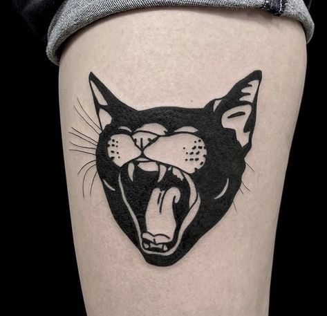 To Be Continued Tattoo, Cat Halloween Tattoo, Trad Cat Tattoo, Black Out Tattoos, American Traditional Cat Tattoo, Cat Face Tattoo, Traditional Cat Tattoo, Cat Face Tattoos, Black Cat Tattoo