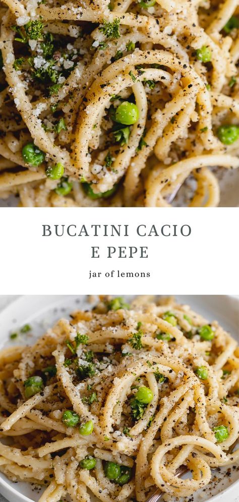 Two images of bucatini on a white plate. Busiati Pasta Recipes, Vegan Bucatini Recipes, Snap Pea Pasta, French Recipes Vegetarian, Easy Bucatini Recipes, Tagliatelle Recipe Vegetarian, Fancy Dinner Recipes Vegetarian, Caccio And Peppe, Peas Pasta Recipe