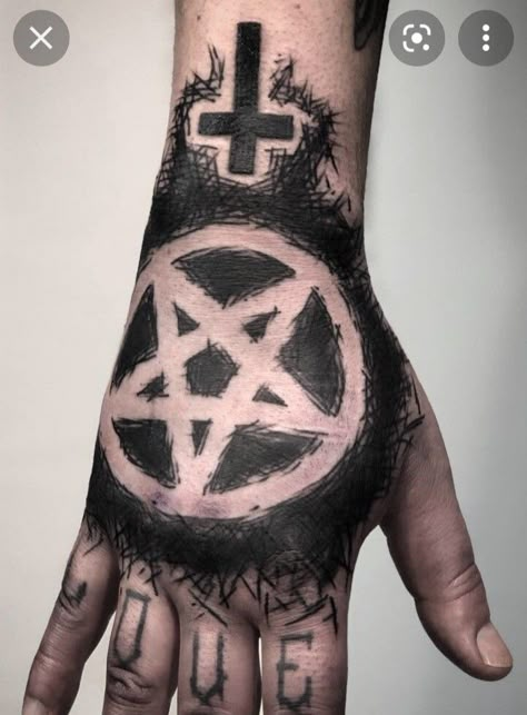 Satanic Finger Tattoos, Pentagram Chest Tattoo, Sinister Tattoos Dark Art, Satanic Back Tattoo, Pentagram Tattoo Design, Satanic Tattoo Design, Witchcraft Tattoo, Satanic Tattoo, Japanese Forearm Tattoo