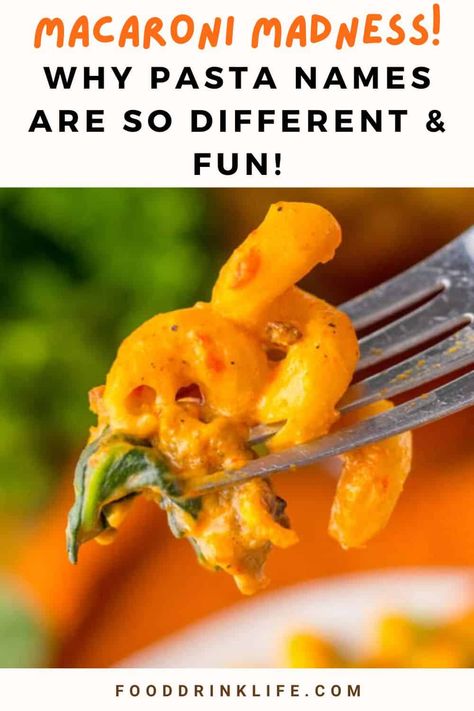 Fork with a bite of macaroni pasta in a creamy sauce, with text overlay discussing "Mother's Day macaroni madness! Why pasta names are so different & fun!" on a bright Types Of Pasta Noodles, Pasta Names, Arancini Recipe, Types Of Pasta, Pasta Puttanesca, Pasta Varieties, Pasta Types, Farfalle Pasta, Fancy Dinner Party