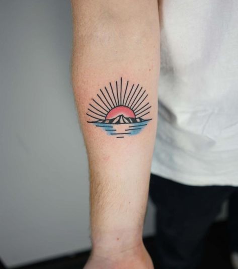 Sunrise Tattoo Color, Sunrise Tattoo, Band Tattoos For Men, Sunshine Tattoo, Sun Tattoo Designs, Simple Tattoos For Guys, Circle Tattoos, Tattoo Color, Handpoke Tattoo