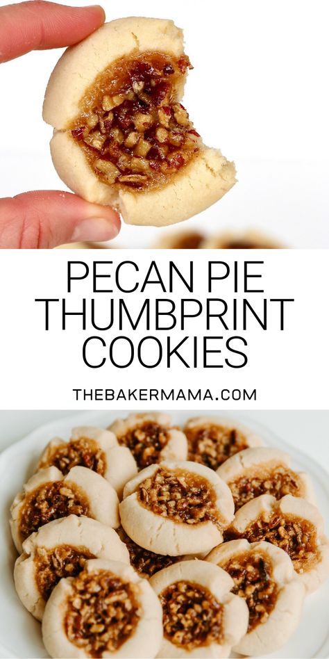 These Pecan Pie Thumbprint Cookies are such an easy way to get your pecan pie fix without having to bake a whole pie. Tender, flaky, buttery shortbread cookies are filled with a sweet, gooey, caramelized pecan pie filling for a cookie eating experience that’s just too tasty to be true! #pecanpiecookies #thumbprintcookies Pecan Pie Cookies, Pecan Pie Filling, Buttery Shortbread Cookies, Buttery Shortbread, Thumbprint Cookies, S'mores, Köstliche Desserts, Easy Cookie Recipes, Sugar Rush