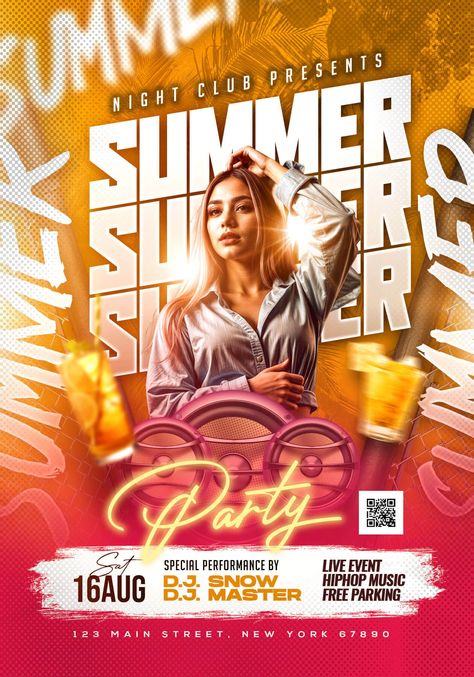 Free Flyer | Summer Beach Party Flyer Design PSD | Flyer PSD Beach Party Flyer, Club Posters, Free Flyer Design, Party Flyer Design, Happy Hour Party, Free Logo Psd, Spa Flyer, Cafe Lounge, Psd Free Photoshop