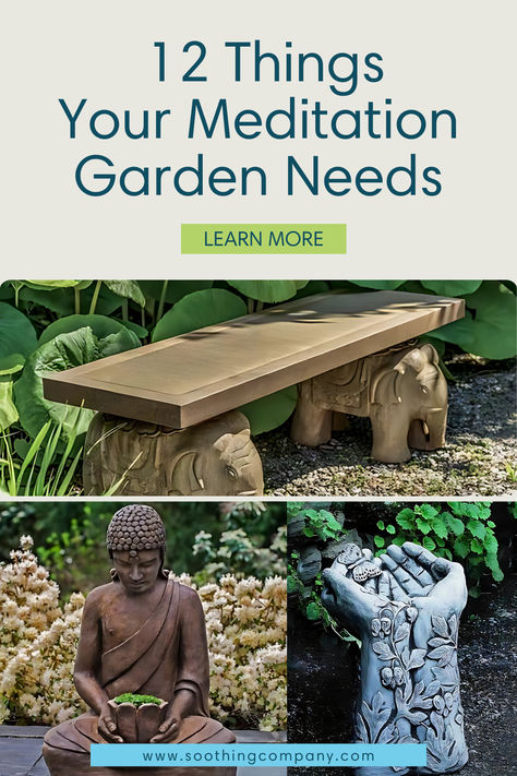 A serene and lush meditation garden featuring a soothing fountain, elegant statues, vibrant planters, and comfortable benches. Discover the essentials to create your dream zen retreat with Soothing Company's comprehensive guide. Find tranquility and design your perfect garden oasis today with our expert tips and must-have items. Yoga Garden Ideas, Indian Garden Ideas Outdoor Spaces, Zen Garden Design Meditation Space, Zen Garden Ideas Backyard, Zen Patio Ideas, Meditation Shed, Meditation Garden Ideas, Garden Bench Ideas, Outdoor Meditation Space