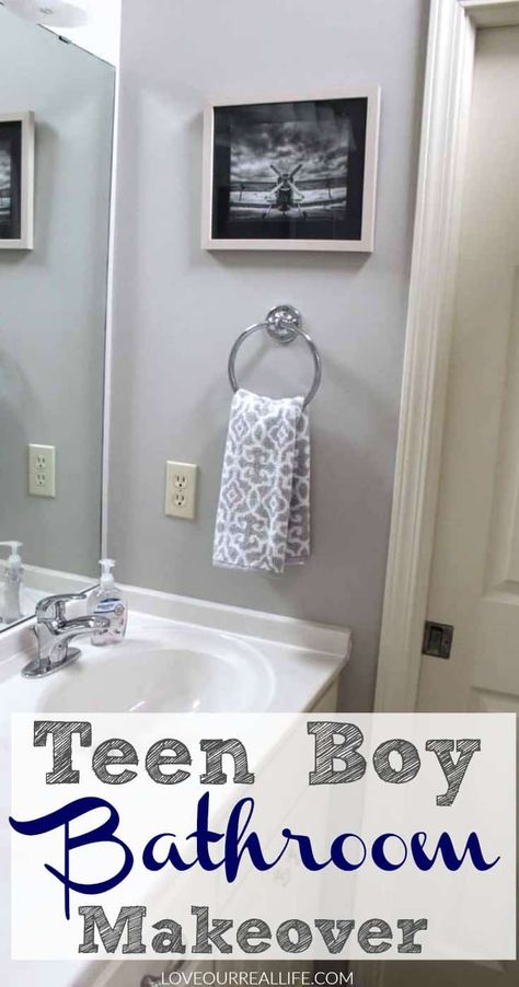 How to update a teenage boy's bathroom! If your son needs a more manly bathroom, this will give lots of ideas on how to makeover a little boy's bathroom into one fit for a teen boy! Male Bathroom Ideas Decor, Men’s Bathroom Decor, Men’s Bathroom Ideas, Teen Boys Bathroom Ideas, Teenager Bathroom Ideas, Teen Boy Bathroom Ideas, Boys Bathroom Ideas Teenagers, Manly Bathroom, Boy Bathroom Decor