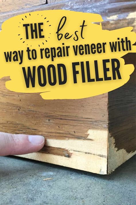 Check out this crazy easy way to repair veneer with wood filler! In this step by step tutorial, learn the best wood filler, how to fix chipped wood, and how to paint or stain it! Plus get more tips on repairing furniture for your furniture makeovers here! How To Fix Scratches In Wood Furniture, Repair Wood Furniture, Restore Wood Furniture, Cabinet Restoration, Diy Furniture Repair, Veneer Furniture, Furniture Refurbishing, Selfie Challenge, Restore Wood