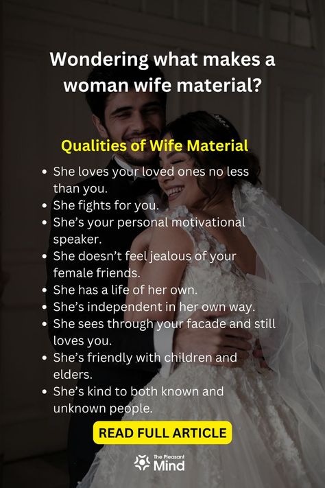 Wondering what makes a woman wife material? Well, you reached the best place to find out all the answers to your questions. Read to know more. How To Become Wife Material, Ideal Husband Qualities, How To Become A Good Wife, Wife Material Qualities, Wife Material Quotes, Wife Material Aesthetic, What Is A Wife, Husband Wife Romance, The Good Wife's Guide