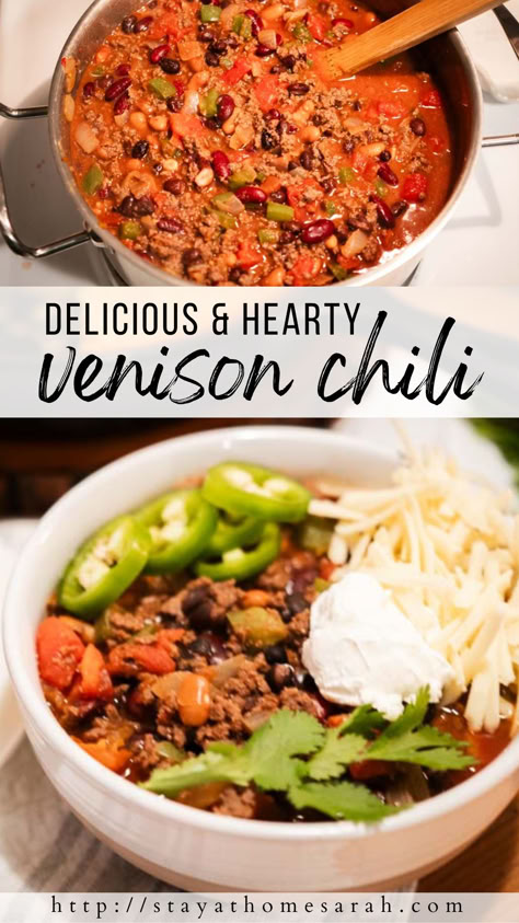 This hearty venison chili recipe is the perfect, cozy meal for a cold winter night. Packed with all of the nutrients of game meat, vegetables, beans and homemade bone broth, this healthy meal is perfect with some delicious sourdough cornbread. Healthy Venison Chili, Crockpot Venison Chili Recipe, Best Venison Chili Recipe, Venison Chili Crockpot, Venison Chili Recipe Crockpot, Deer Meat Chili Recipe, Venison Stew Meat Recipes, Recipes With Venison, Deer Chilli