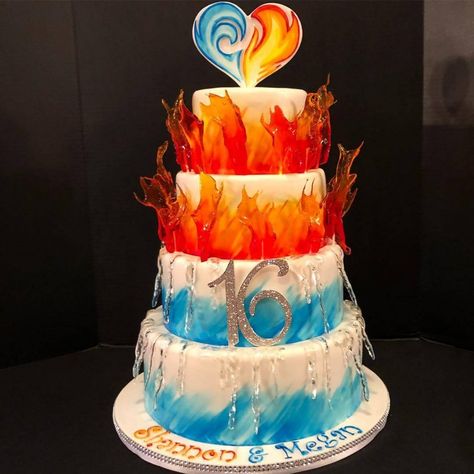 Mha Birthday Cakes, Fire And Ice Cake, Mha Cake, Fire And Ice Party, Academia Birthday, Horror Cake, Fireman Cake, Ice Party, Anime Cake