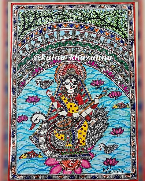 Maa Saraswati, Madhubani Art, Madhubani Painting, All Food, Food Service, Art Forms, Art Works, Thank You, Drawings