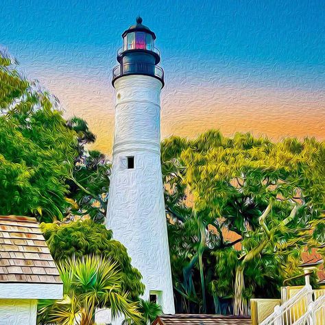 I just love the Key West Lighthouse. Here is my version at sunset 🌅, offered on canvas, framed canvas, and now on metal 🤩 - #keywest #keywestlighthouse #keywestbound #lighthouse #lighthouseart Key West Art, Key West Photos, Key West Lighthouse, Key West Cottage, Hemingway House, Lighthouse Print, West Home, Lighthouse Art, West Art