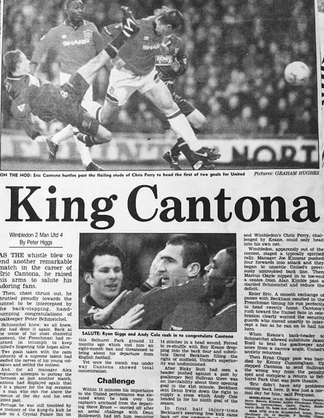 Wimbledon 2 Man Utd 4 in Feb 1996 at Selhurst Park. Newspaper report on the game #Prem Football Newspaper, Newspaper Report, Man Utd Crest, Eric Cantona, Man Utd, Man United, Wimbledon, Newspaper, The Game