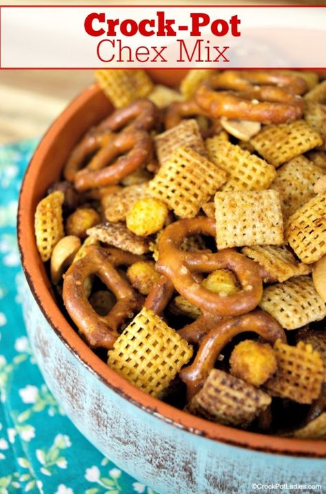 Crock-Pot Chex Mix - Whip up this popular snack mix in your slow cooker with this easy to make Crock-Pot Chex Mix recipe! Perfect for gift giving at the holidays or snacking! [High Fiber, Low Cholesterol, Low Sugar & Vegetarian] #CrockPotLadies #CrockPot #SlowCooker #ChexMix #Snacks