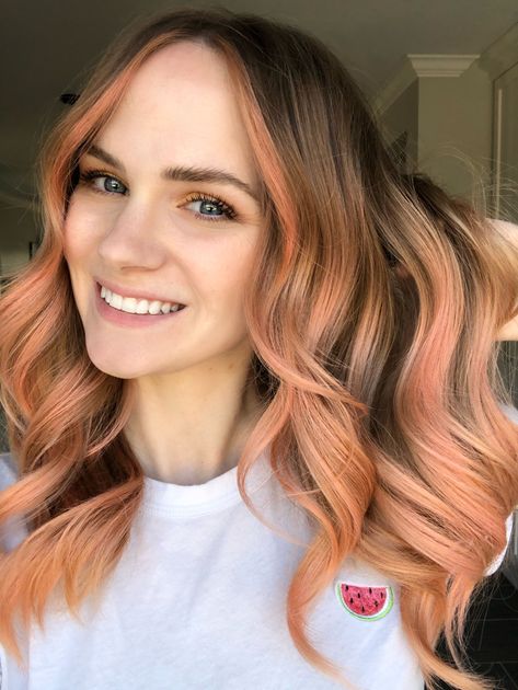 Peach hairpastel hairsummer hair Peach Hair Color Balayage, Peach Pink Balayage, Peach Balayage Hair, Curly Peach Hair, Peachy Coral Hair, Brown And Peach Hair, Peach And Brown Hair, Peach Hair Balayage, Peach Hair Ombre