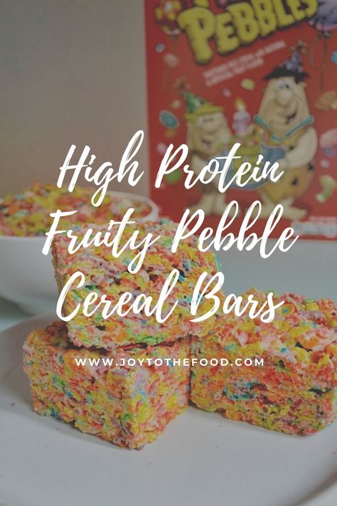 Recipes With Fruity Pebbles, Fruity Pebbles Rice Crispy Treats, Fruity Pebble Bars, Protein Rice Crispy Treats, Fruity Pebbles Cereal, Protein Cereal, Protein Baking, High Protein Desserts, Healthy Protein Snacks