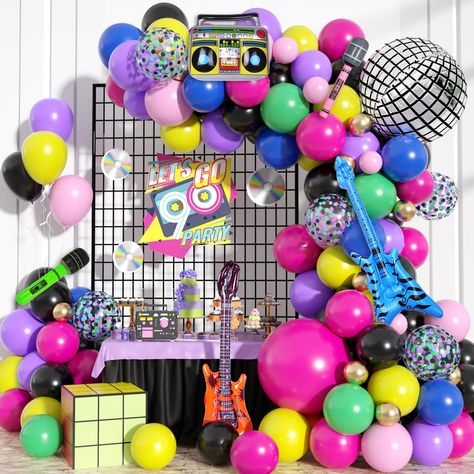 80s Party Balloons, 90 Theme Birthday Party Ideas Decoration, 90's 40th Birthday Party, 80’s Party Decorations, Diy 80s Party Decorations, 80s Birthday Party Theme, Neon Balloon Arch, Green Microphone, 80s 90s Theme Party