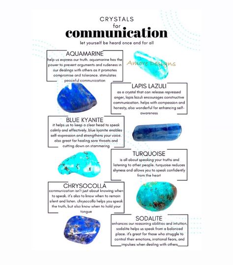 Crystals 💎 for communication Express yourself in a positive way. Communication is key in life! To help with this and to encourage better communication, use your crystals to help aid you. Simply use on of the stones in our infographic. Hold it in your hand or place it on your throat chakra during meditation. Visualize the crystal’s energy clearing any blockages and promoting clear, confident communication. Repeat affirmations of the message you are trying to convey and then use your voice ... Crystals For Spirit Communication, Crystal For Communication, Crystals For Communication, Spirituality Tips, Confident Communication, Heal Sore Throat, Repressed Anger, Use Your Voice, Better Communication