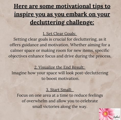 🧹✨ Before we kick off our 30-Day Decluttering Challenge on September 1st, let’s take a moment to get our minds right and stay motivated! This journey isn’t just about tidying up our homes or offices; it’s a powerful opportunity to clear out mental clutter as well. If you’re feeling overwhelmed by your space, your schedule, or your thoughts, you’re not alone! Together, we’ll share tips, inspiration, and our progress to support one another. 🌟 So, if you’re ready to transform your environment an... Declutter Quotes Inspiration, Clutter Is Nothing More Than Postponed Decisions, Motivation To Declutter, Cleaning Out Clutter Motivation, Declutter And Organize Quotes, Mental Clutter, Small Victories, Decluttering Memes, Tidy Up