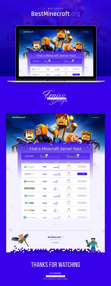 Creation of UX/UI design for a comparing server hosts website, Best Minecraft, that helps gamers to find the right provider. Modern, flat, blu/purple color scheme, tech font. Minecraft Website, Best Server, Purple Color Schemes, Website Names, Website Security, Ui Design Website, Great Fonts, Modern Flat, Name Generator