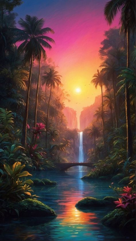 River Waterfall, Jungle Painting, 4k Phone Wallpapers, Paradise Wallpaper, Moonlight Photography, Jungle Forest, Wallpapers Posters, Jungle Art, Sunset Nature