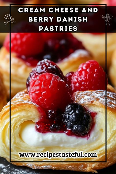 Delight in these flaky and delicious Danish pastries filled with creamy cheese and sweet berry preserves, perfect for brunch or a delightful dessert. Berry Danish Puff Pastry, Cheese Danish Filling, Berry Danish, Fruit Danish, Raspberry Danish, Breakfast Danish, Danish Dessert, Cream Cheese Puff Pastry, Danish Pastries