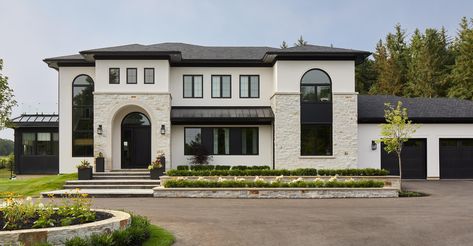 Innisfil Mediterranean Estate | Modern Luxury Home Design Innisfil Modern Mediterranean Exterior Design, Modern Mediterranean Homes Exterior, Transitional Exterior Home Design, Transitional Exterior Home, Luxury Mediterranean Homes, John 20, Modern Brick House, Modern Luxury Home, Dream House Mansions