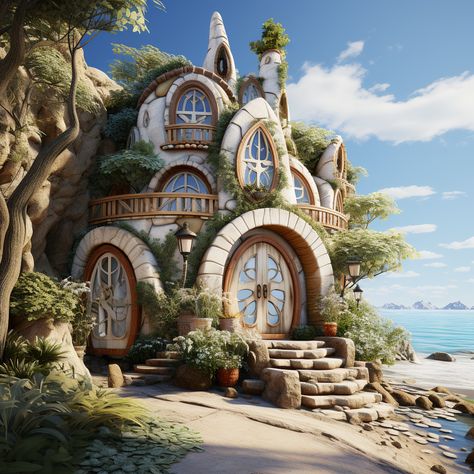 Fantasy Beach House, Mermaid Village, Fantasy Dwellings, Tiny Glade, Imaginary Places, Aesthetic Eclectic, Fairytale Houses, Fantasy Houses, Anime House