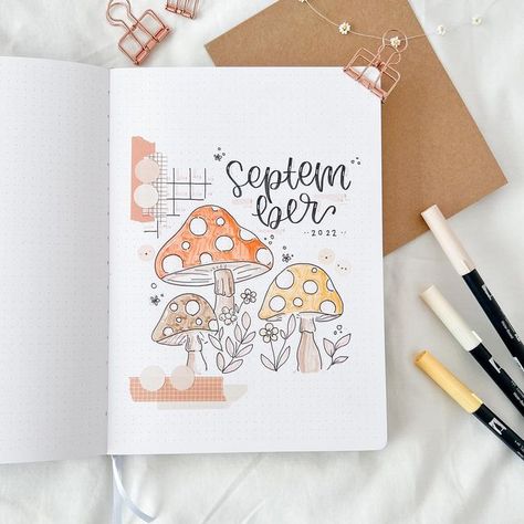 September Bujo Cover, September Bujo, September Bullet Journal Cover, Mushroom Bujo Theme, September Bullet Journal Theme, September Monthly Spread Bullet Journal, Bullet Journal Autumn Theme, Mushroom Bullet Journal Theme, Calendar Journal