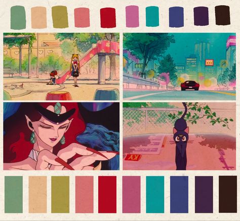 Warm pastel summer color paletww dfor the 90s anime series Sailor Moon #sailormoon #anime #animation #japan #90s #color #colour #colorpallete #aesthetic #pink 80s Anime Color Palette, 90s Anime Palette, Vintage Art Color Palette, Miyazaki Color Palette, Colour Palette Anime, 90s Color Scheme, 2000s Colour Palette, 90's Retro Color Pallete, Retro Anime Color Palette