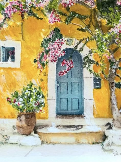 Watercolor Front Door, Watercolor Doors And Windows, Flower Garden Watercolor, Watercolor Doors Paintings, Watercolour Door, Front Door Watercolor, Door Watercolor Painting, House With Blue Door, Watercolor Doors