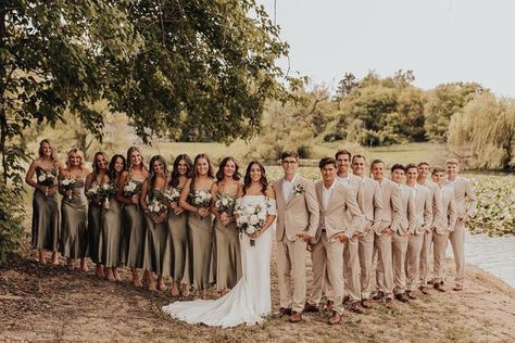 Olive Green Wedding Party Attire, Green Bridesmaid Tan Groomsmen, Sage And Creme Wedding, Sage Vs Olive Green, Dark Cream Bridesmaid Dresses, Olive And Tan Wedding Party, Eucalyptus Wedding Party Colors, Bridesmaids And Groomsmen Colors Fall Weddings, Moss And Champagne Wedding