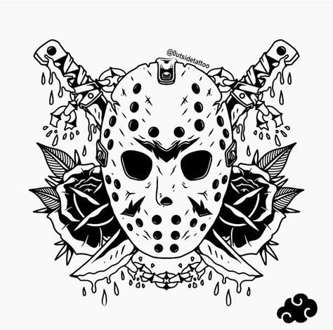 Creepy Tattoo Designs Drawings, Horror Tattoo Stencil, Jason Vorhees Tattoo, Jason Voorhees Art, Horror Movie Tattoos, Petit Tattoo, Movie Tattoos, Tattoo Zeichnungen, Scary Tattoos