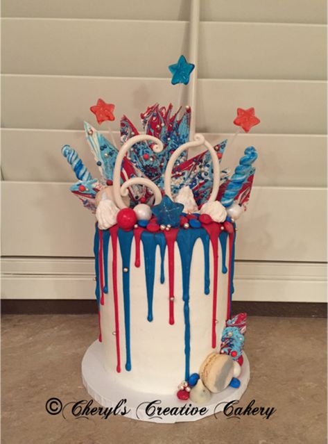 4th Of July Drip Cake, Red White And Blue Drip Cake, Fourth Of July Birthday Cake, 4th Of July Birthday Cake, July Birthday Cake, Patriotic Cakes, Creative Chocolate, Cake Drip, Patriotic Cake