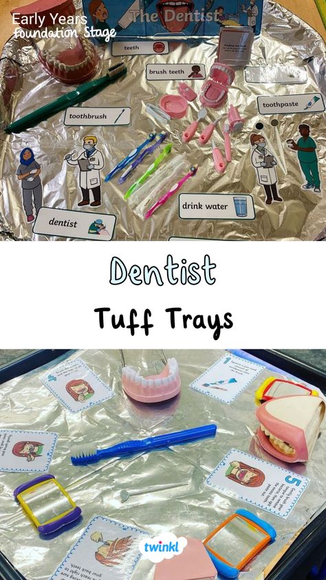 To download the dentist resources, click the pin. Thanks to @eyfs_sen_teacher @dear_teachers_ Dentist Tuff Tray Eyfs, Dentist Role Play Eyfs, Dentist Tuff Tray, Dentist Eyfs Activities, Oral Health Activities Eyfs, Jubilee Eyfs, People Who Help Us Eyfs Activities, Dentist Role Play, People Who Help Us Eyfs