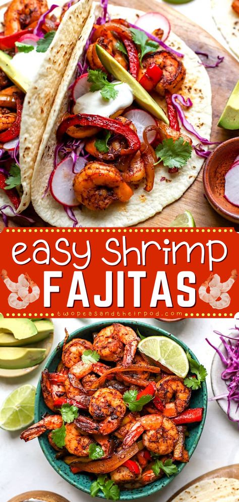 Shrimp Fajitas are easy to make at home, you can have them on the dinner table in 30 minutes. Serve the spiced shrimp and vegetables with tortillas and all of your favorite Mexican toppings for a fun and delicious dinner! Fajitas Shrimp, Shrimp Recipes Fajitas, Baked Shrimp Fajitas, Chicken And Shrimp Fajitas Oven, Shrimp Fajitas Natashas Kitchen, Vegetarian Fajitas, Frozen Cooked Shrimp, Shrimp Fajitas, Homemade Fajita Seasoning