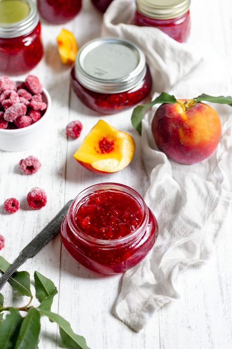 Delicious Raspberry Peach Jam Recipe | Frugal Farm Wife Raspberry Peach Jam Recipe, Peach Jam Recipes, Raspberry Peach Jam, Peach Jam Recipe, Raspberry Jam Recipe, Pear Jam, Farm Wife, Spiced Pear, Peach Jam