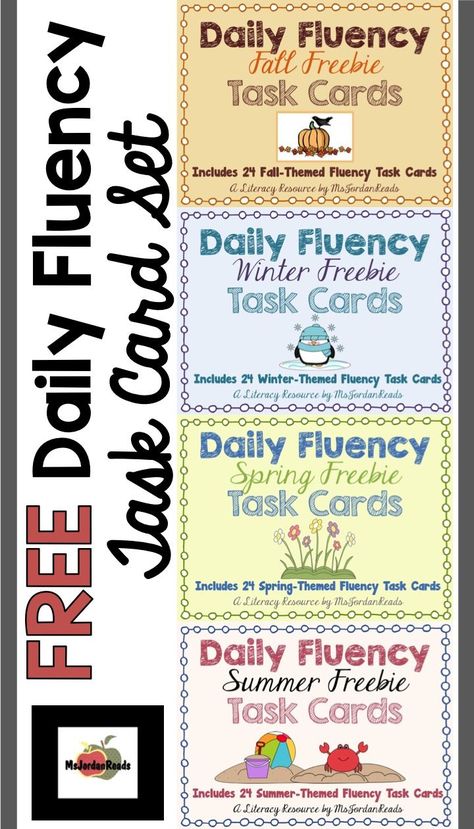 FREE Daily Fluency Task Card Set -- 24 seasonal task cards in each set to reinforce the different components of FLUENCY throughout the year (@MsJordanReads) Iep Bins, Fluency Task Cards, Reading Fluency Activities, Cards Teacher, Improve Reading Skills, Fluency Activities, 4th Grade Reading, Task Card, 3rd Grade Reading