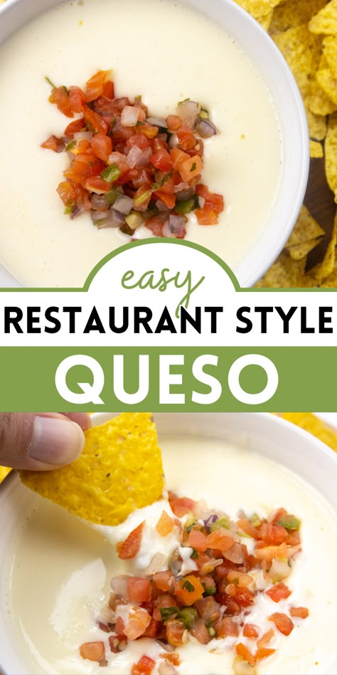 This Restaurant Style Queso Dip is my favorite! This queso blanco recipe only takes 15 minutes to make. Heat milk on the stove top, then mix in American white cheese, and seasoning to make this easy white cheese queso dip. Leftovers warm up so easily in the microwave. Restaurant Style Queso Blanco, Homade Queso, Quick And Easy Queso Dip, 54th Street Queso Dip, How To Make White Queso Dip, Home Made Cheese Dip, Mild Queso Dip, Diy Cheese Dip, Easy White Cheese Queso Dip