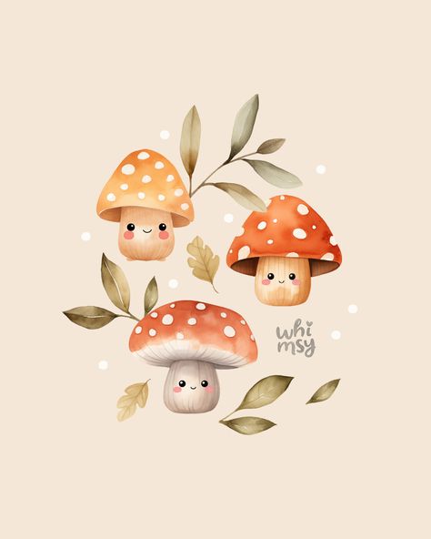 Cute Mushroom Watercolor, Cute Woodland Animals Illustration, Cute Mushroom Illustration, Cute Watercolor Illustration, Painted Mushrooms Ideas, Mushroom Illustration Cute, Cute Mushroom Painting, Cute Mushroom Drawing, Cute Illustration Art