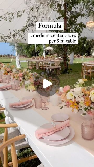 Centerpiece Size Guide, 8ft Table Centerpiece, Rectangular Tables For Wedding Reception, Rectangle Table Wedding Layout, Wedding Long Table Decorations, Long Table Wedding Centerpieces, Oahu Wedding Reception, Centerpiece Long Table, 2023 Centerpieces