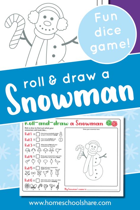 Snowman Dice Game, Roll A Snowman, Dice Drawing, Snowman Games, Draw A Snowman, Printable Snowman, Snow Theme, 4th Grade Art, Winter Activities For Kids