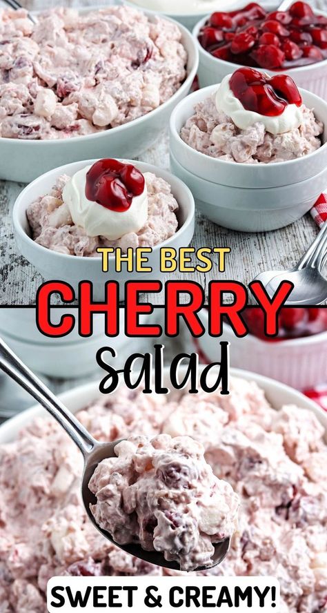 Cherry Salad with Cool Whip Cherry Pie Filling Salad Recipe, Cherry Jello Recipes, Cherry Salad Recipes, Pie Filling Desserts, Cherry Fluff, Filling Salad Recipes, Cherry Pie Filling Recipes, Cherry Salad, Pink Fluff