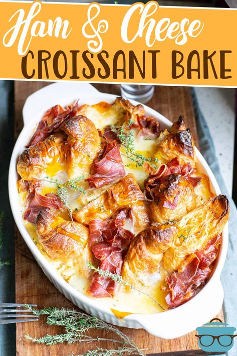 Ham And Cheese Croissant Casserole, Leftover Croissants, Croissant Casserole, Croissant Bake, Recipe For Ham, Croissant Breakfast Casserole, Crossant Recipes, Ham And Cheese Croissant, Ham Breakfast