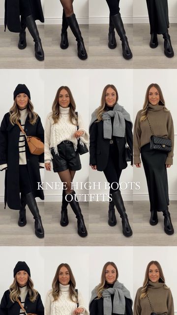 Stacie Elsmore on Instagram: "10 ways to wear knee high flat boots 🖤 which look is your favourite?! All of my outfits are shoppable on my Shop.ltk (link in my bio) ✨" Autumn Outfits Boots Fall Fashion, Knee High Outfit Boots Black, Winter Outfit With Knee High Boots, Looks With Knee High Boots, Black Knee Length Boots Outfit, Knee High Boot Work Outfit, Knee High Boots Casual Outfit, Flat Knee High Boots Outfit Winter, Black Under Knee Boots Outfit