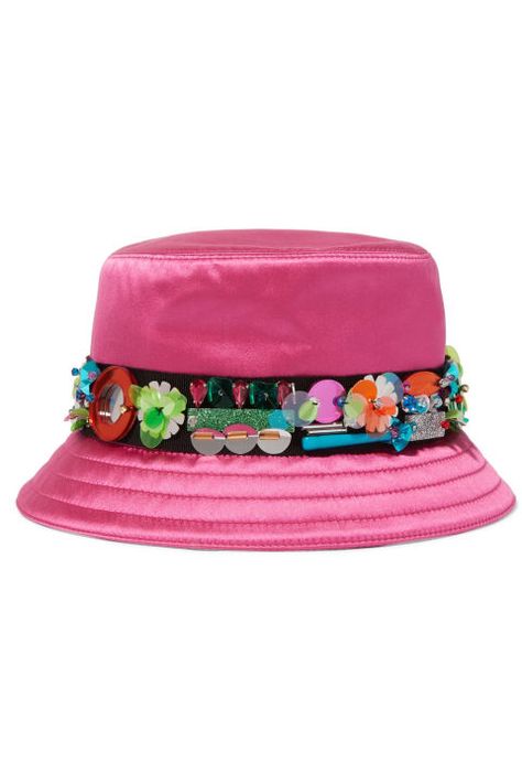 The bucket hat gets an upgrade with this pink satin embellished version from Miu Miu. Embellished Hats, Miu Miu Clutch, Miu Miu Embellished, Sequin Hat, Conservative Outfits, Tambour Beading, Thrift Flips, Colorful Hat, Beaded Hat