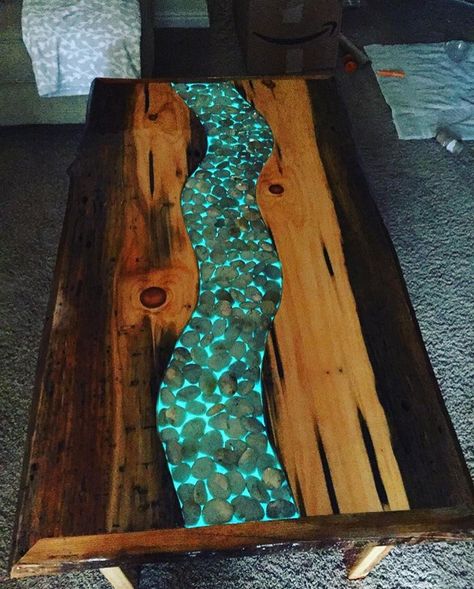 White pine with glow in the dark epoxy Glow In The Dark Resin Table, Glow In The Dark Epoxy, Wood Crafts Furniture, Epoxy Tables, Epoxy Wood Table, Diy Coffee Table, White Pine, Diy Coffee, Resin Table